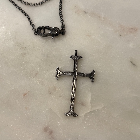 Pavé Diamond & Gunmetal Cross Necklace - Picture 8 of 12